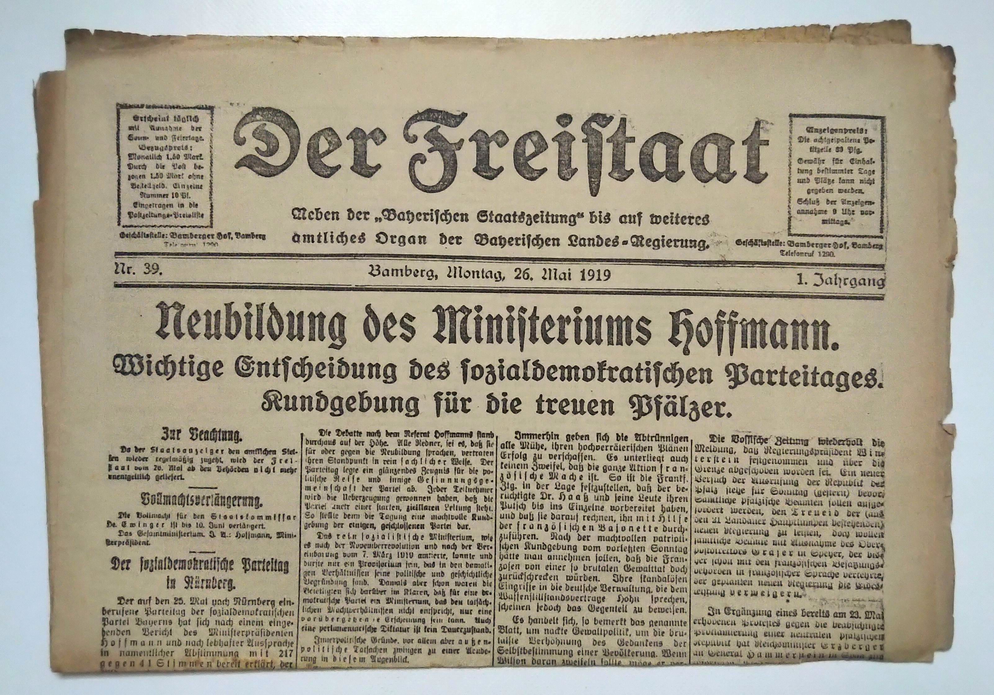 Der Freistaat 1919 Nr 39 Die pfälzischen Hochverräter alte Zeitung