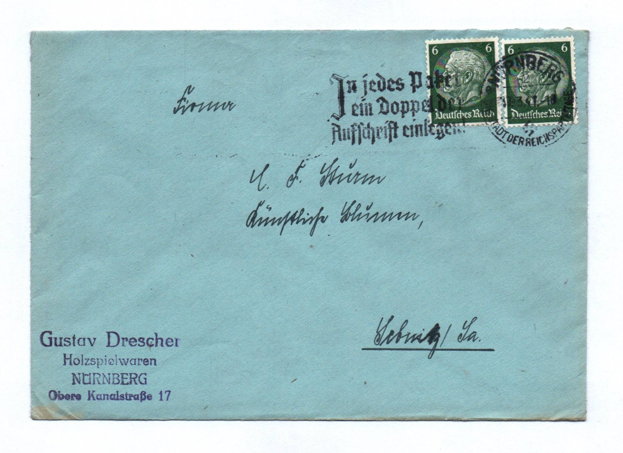 Brief Gustav Drescher Holzspielwaren Nürnberg 1941 Brief Gustav Drescher Holzspielwaren Nürnberg 1941