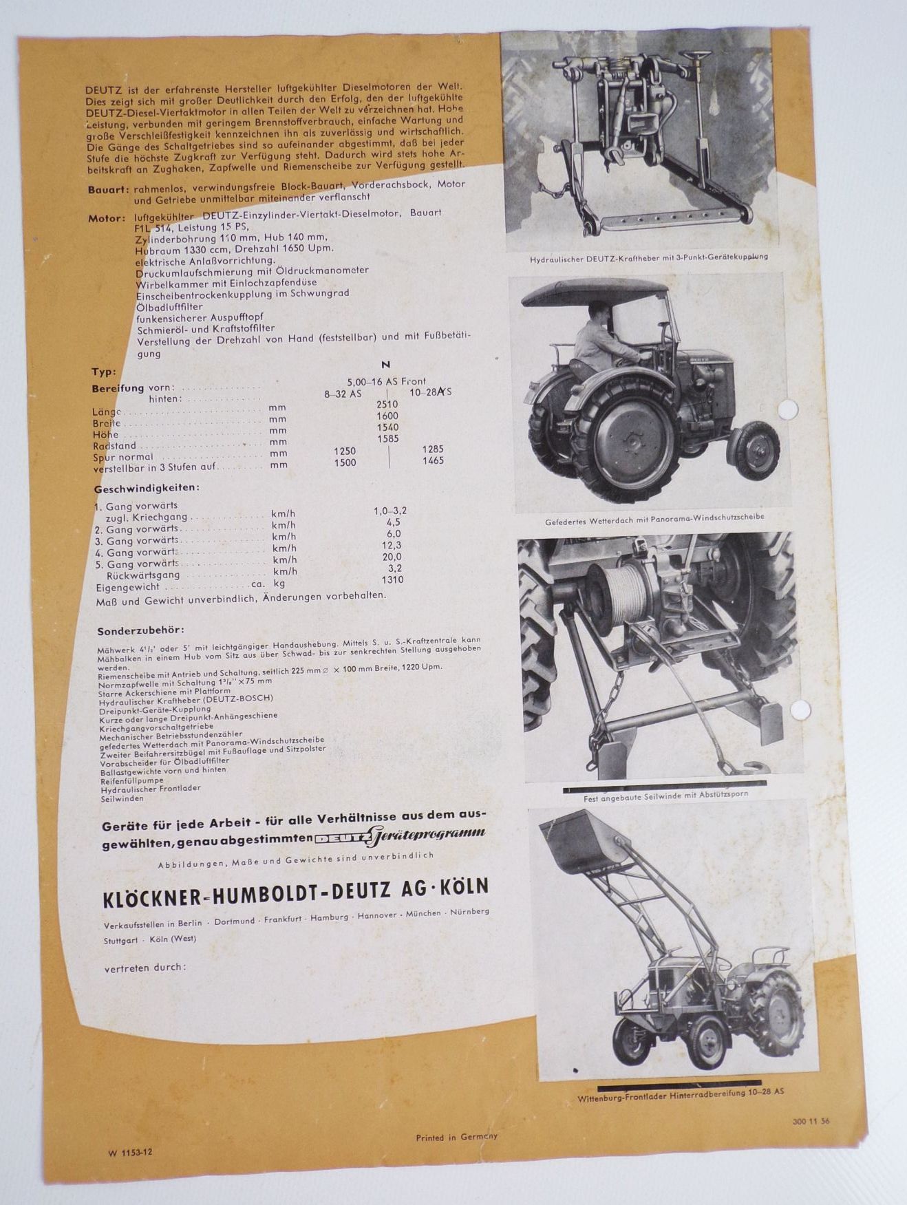 Altes Reklame Blatt Deutz 15 PS Traktor Trecker 1956