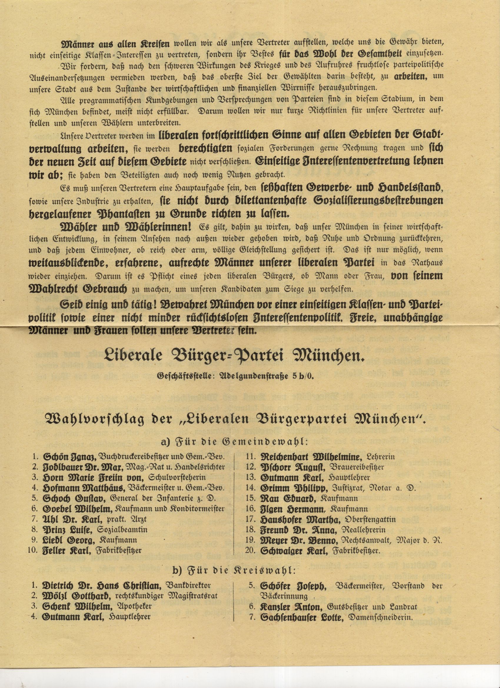Flugblatt Liberale Bürger Partei Bayern 1919 München
