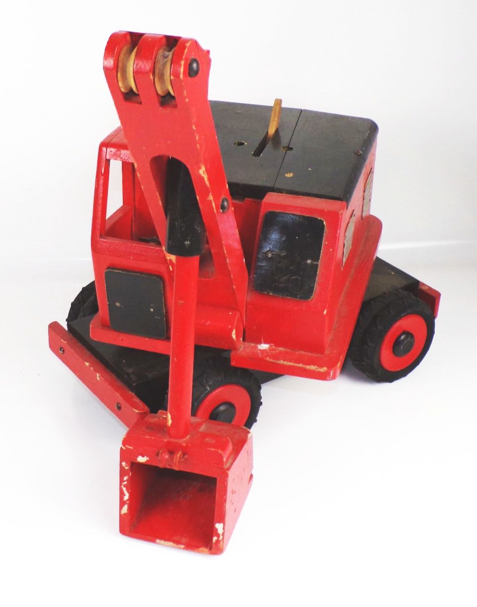 Alter Bagger DDR Holz Rot Drehbagger um 1960 Holzspielzeug