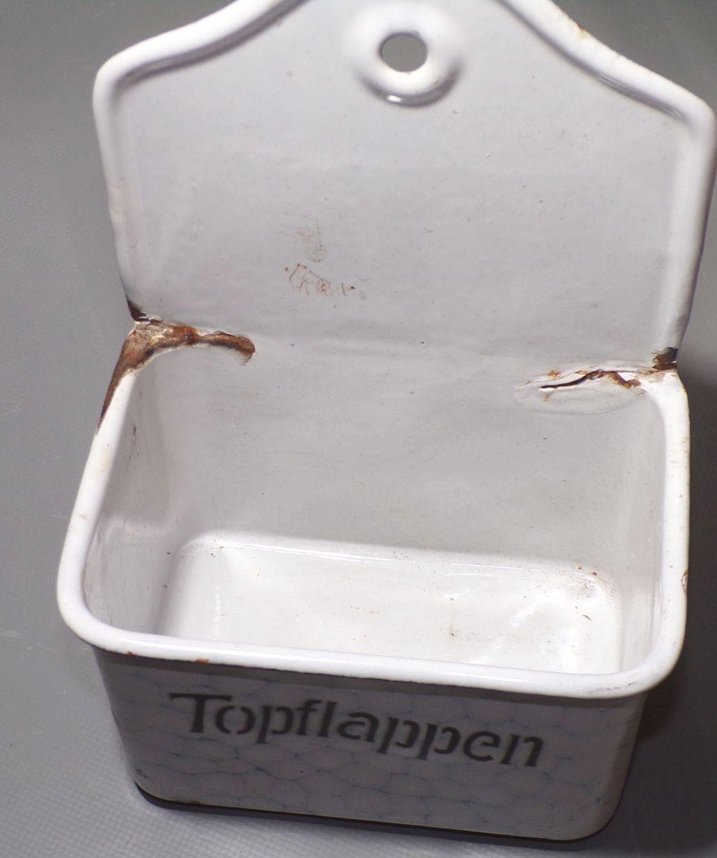 Alter Topflappen Emaille Behälter Netzdekor Wabenmuster 