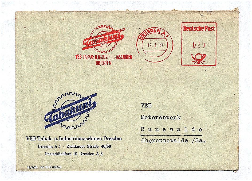 Brief VEB Tabakuni Industriemaschinen Dresden 1961 DDR