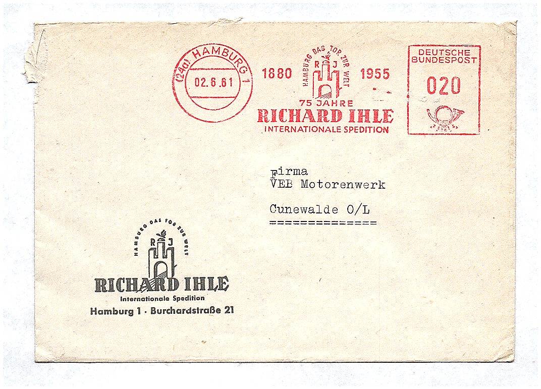 Brief Internationale Spedition Hamburg an VEB Motorenwerk Cunewalde 1961