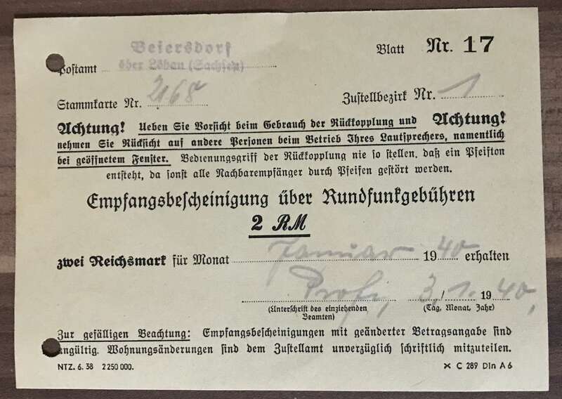 Empfangsbescheinigung über Rundfunkgebühren 2 Stück 1940 Beiersdorf