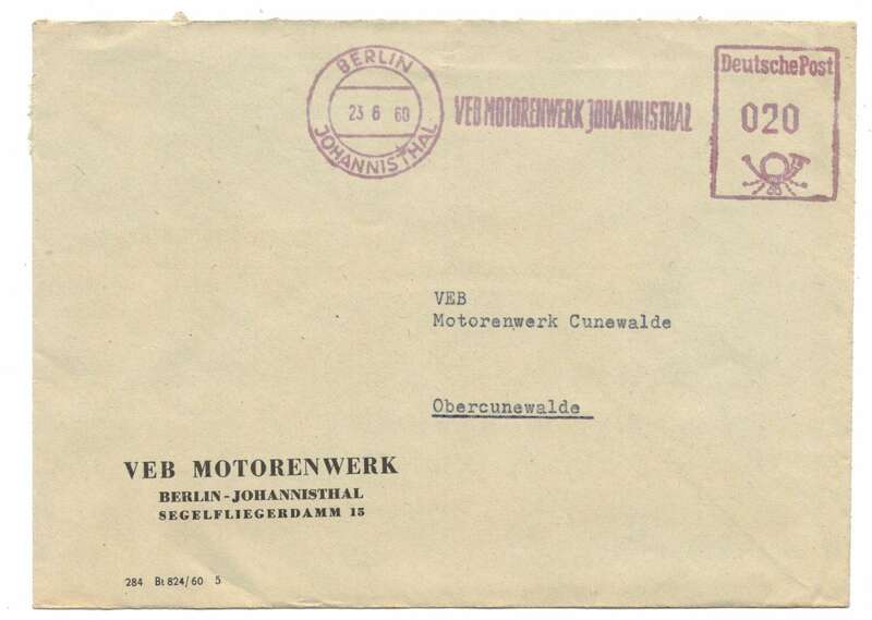 Firmen Brief 1960 VEB Motorenwerk Berlin Johannsthal Segelfliegerdamm