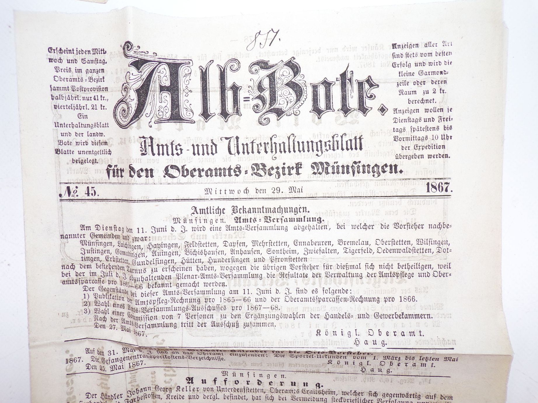 Der Alb Bote 1864 bis 1871 Oberamt Bezirk Münsingen Zeitung