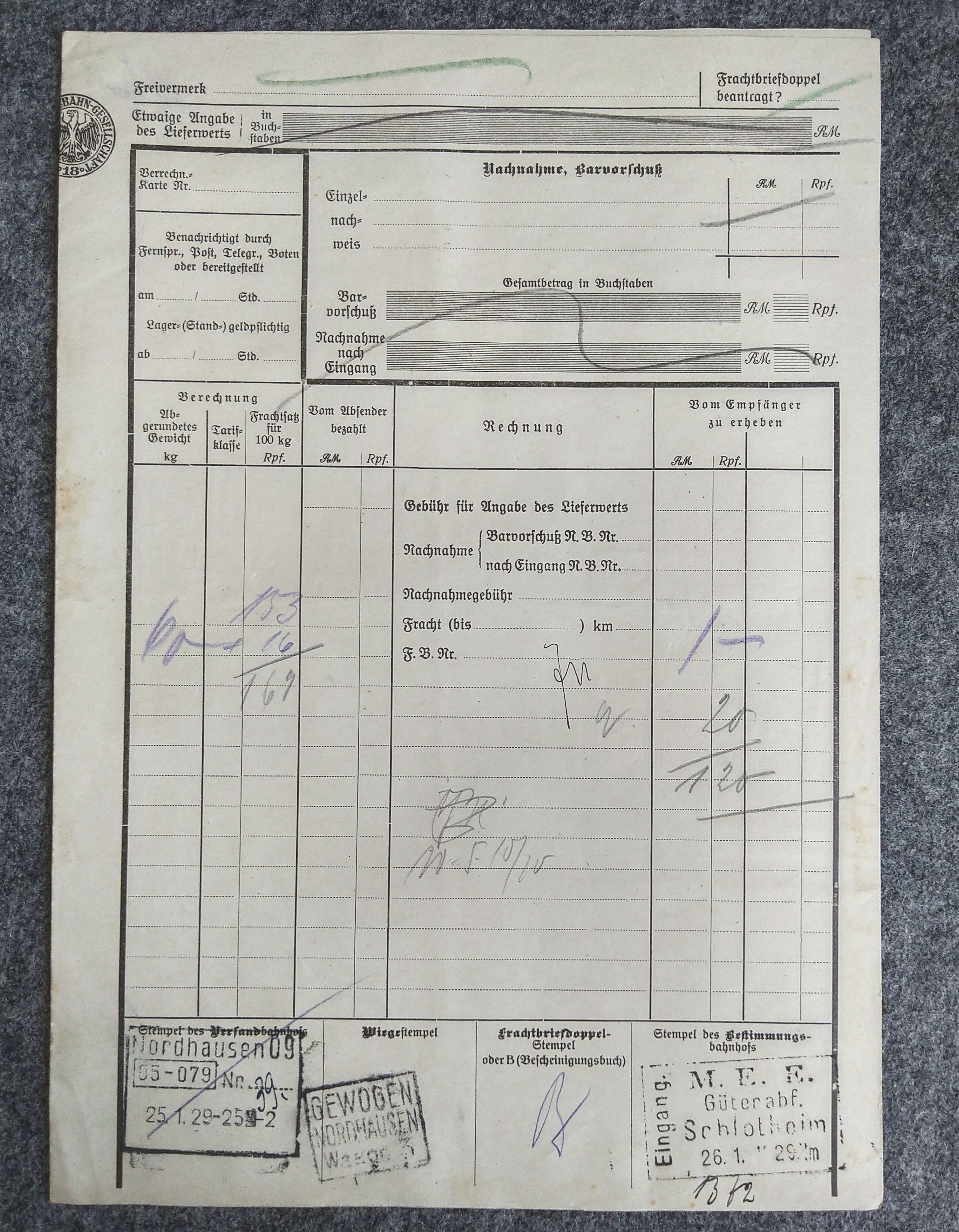 Frachtbrief Nordhausen Seifenfabrik nach Schlotheim 1929 Frachtbrief Nordhausen Seifenfabrik nach Schlotheim 1929