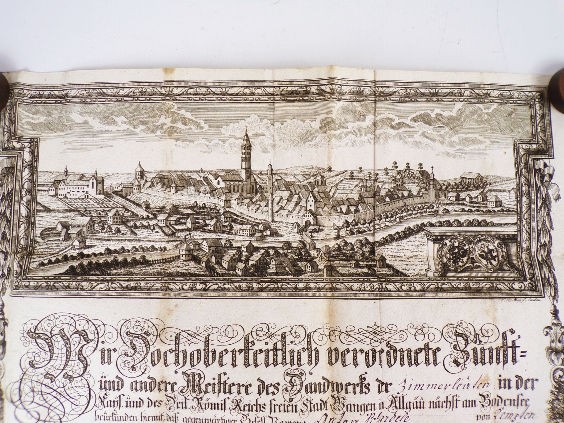 Uralter Gesellenbrief Zimmermann 1794 Wangen Allgäu Kupferstich