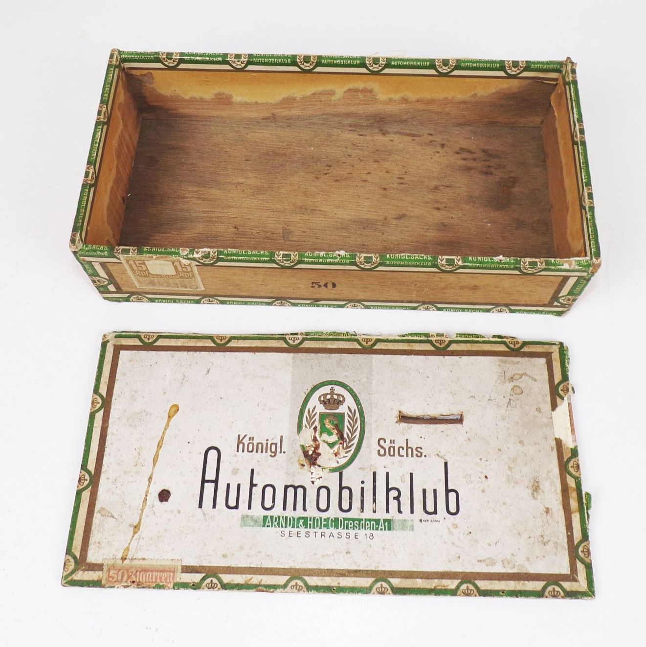Alte Zigarrenkiste königlich sächsischer Automobilklub Arndt & Hord Dresden