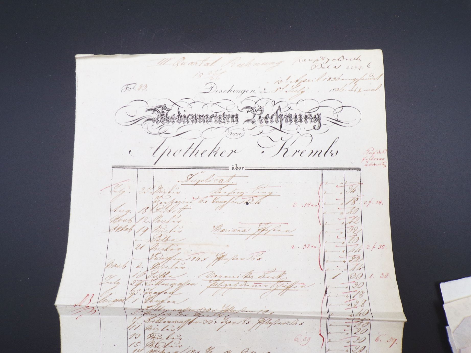 Dischingen Medikamenten Rechnung 1836 mit handschriftlichen Belegen 