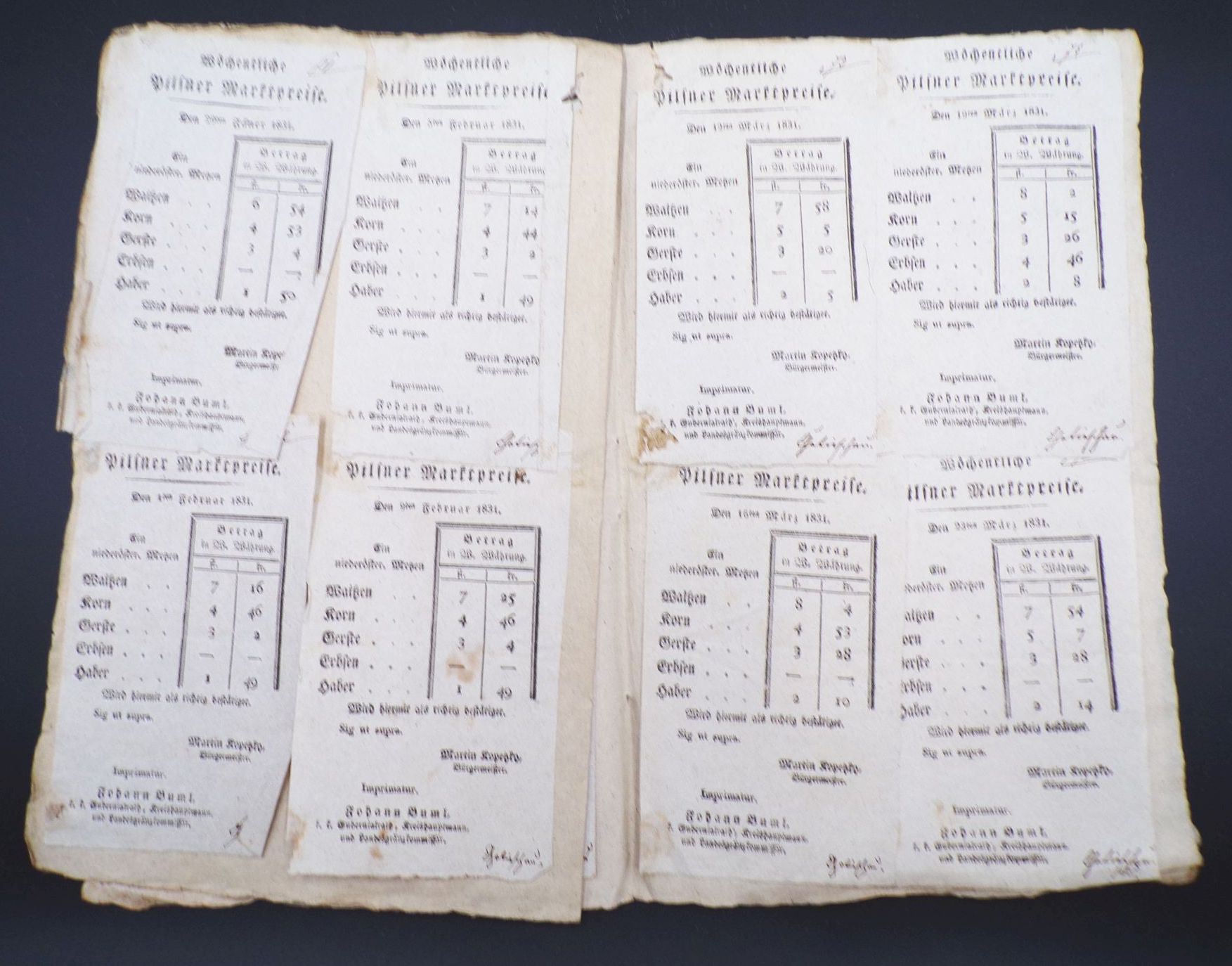 Quittungen Lot 1830 Marktpreise Pilsen Böhmen 