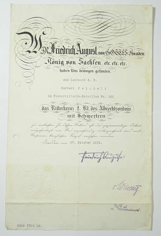 Urkunde Ritterkreuz 2 Klasse des Albrechtsorden mit Schwertern 1918