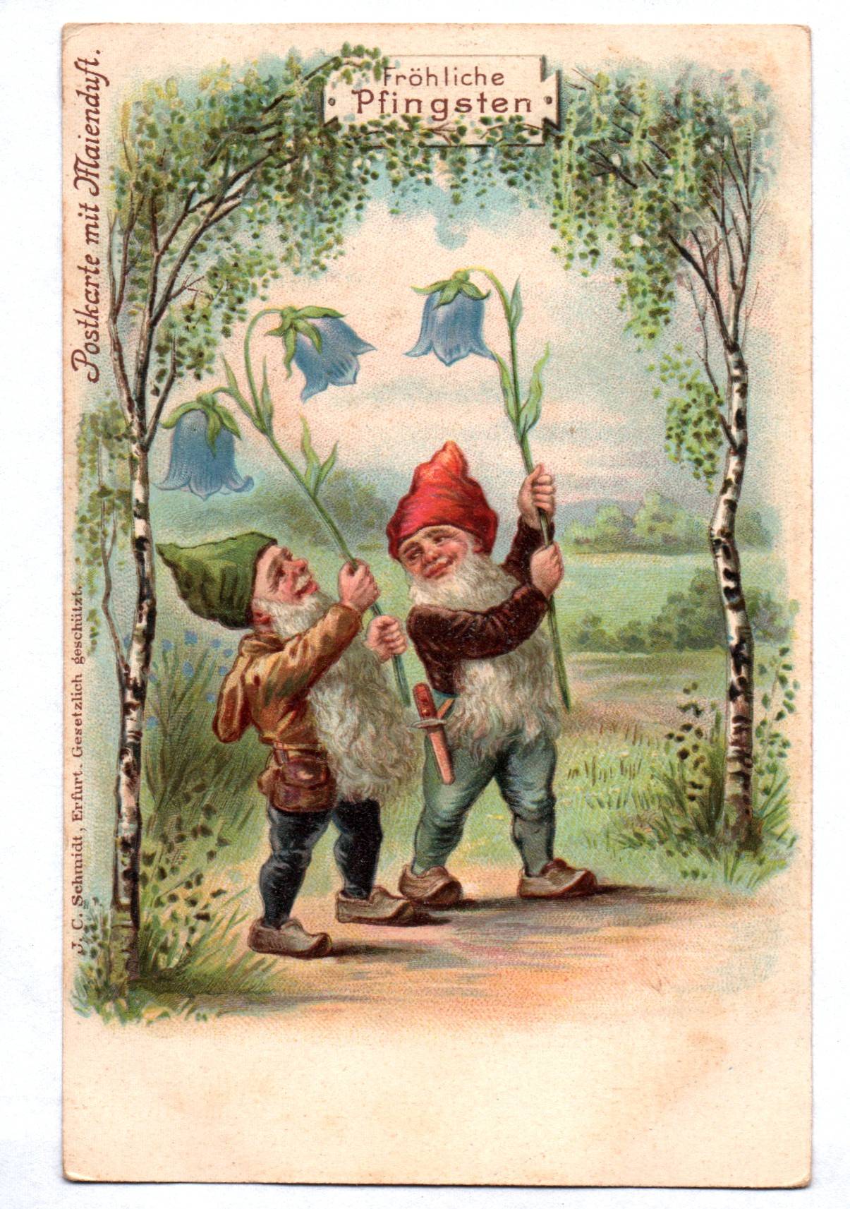 Litho Ak Zwerge mit Glockenblumen Fröhliche Pfingsten um 1900