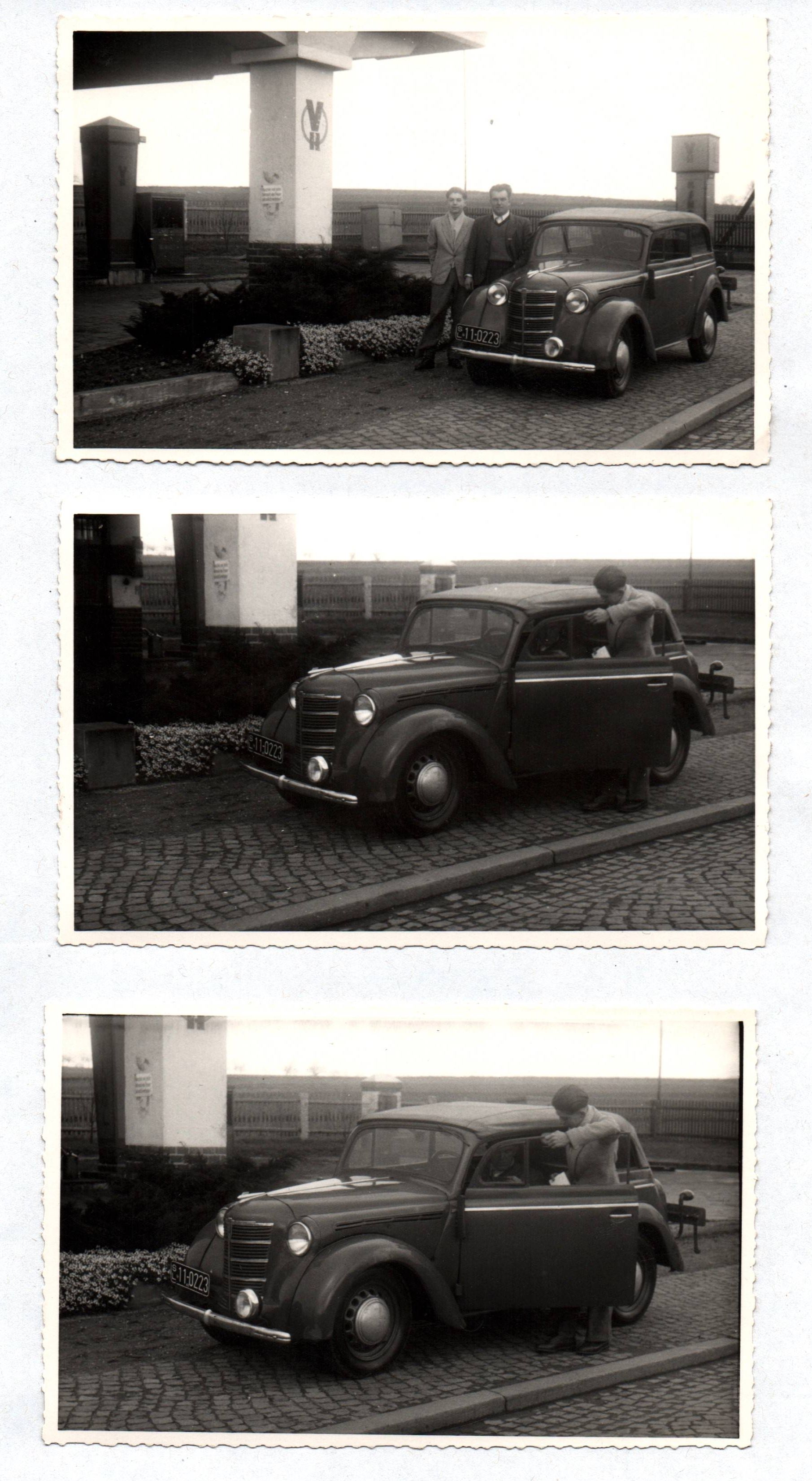 Foto Ak Opel Olympia an Tankstelle 3 Stück VH Minol Bischofswerda 1950er Foto Ak Opel Olympia an Tankstelle 3 Stück VH Minol Bischofswerda 1950er