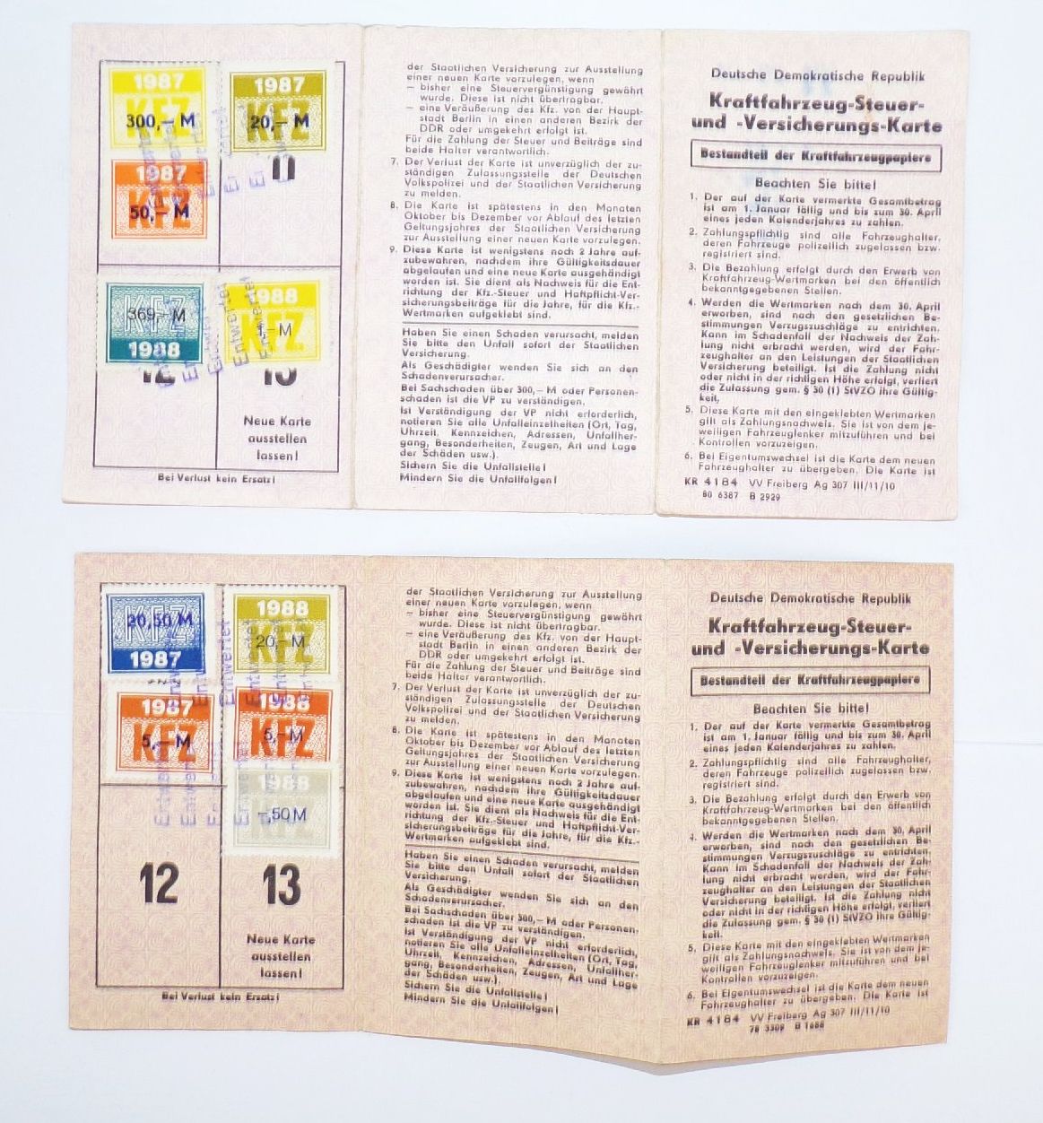 Kraftfahrzeug Steuerkarte Beitragsmarken DDR bis 1988 