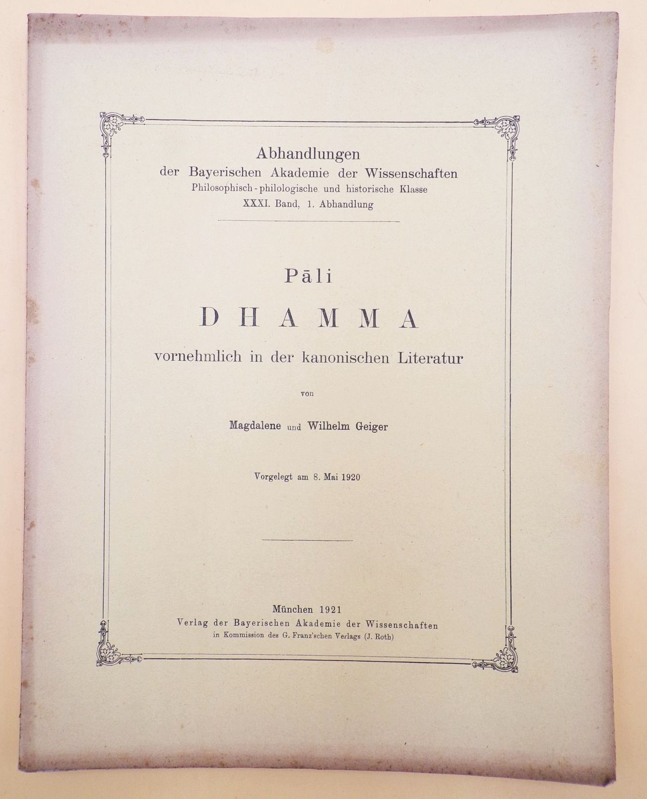 Pali Dhamma vornehmlich in der kanonischen Literatur 1921 Geiger