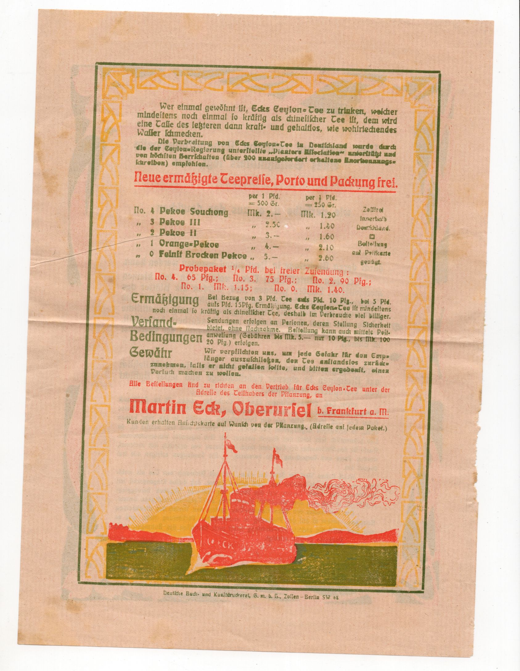 Jugendstil Werbeblatt Ceylon Tee um 1910 Martin Eck Oberursel