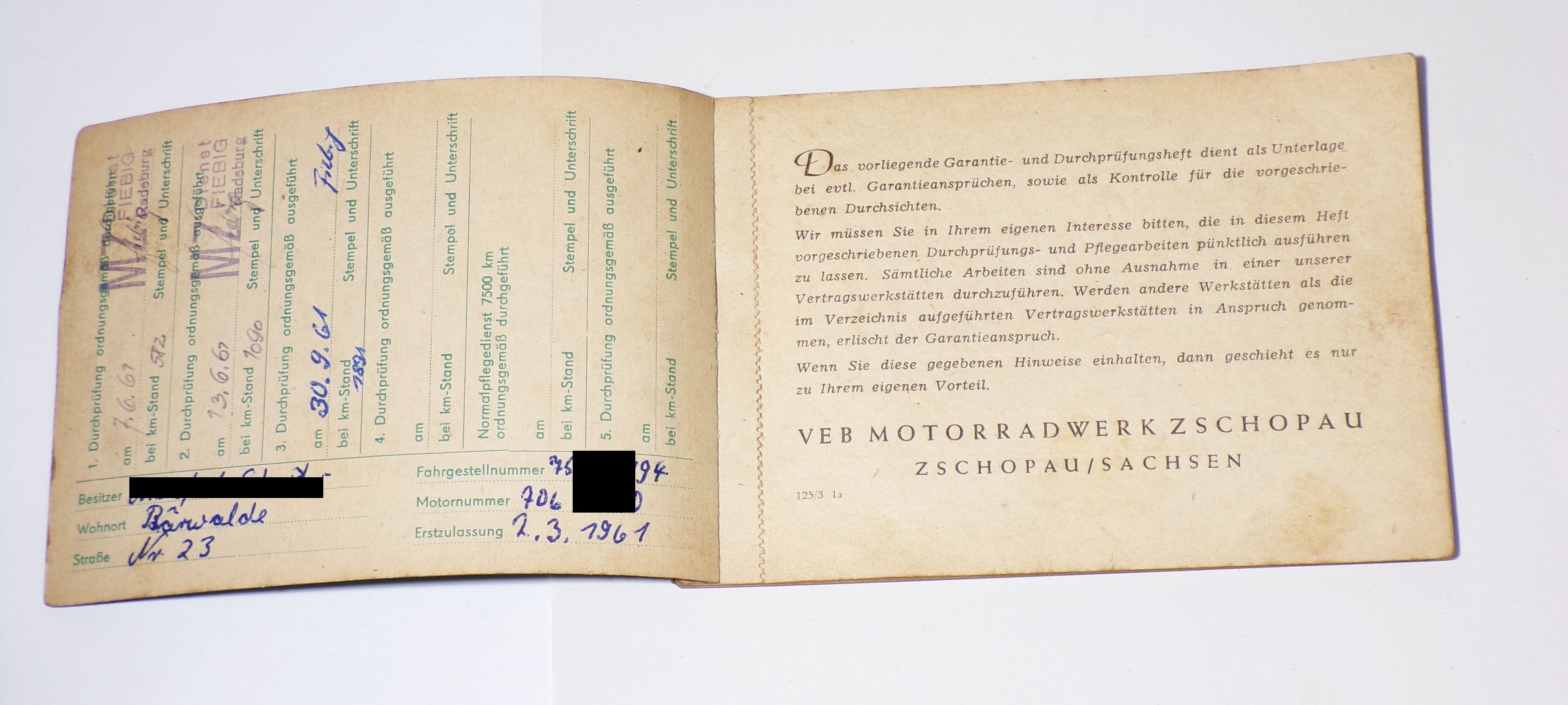 MZ Kundendienst Garantie Durchprüfungsheft Kraftrad MZ 125/3