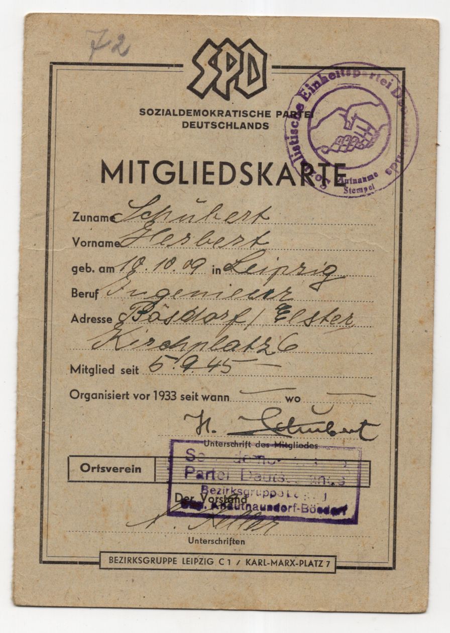 SPD Mitgliedskarte Bäsdorf Elster 1945 Beitragsmarken