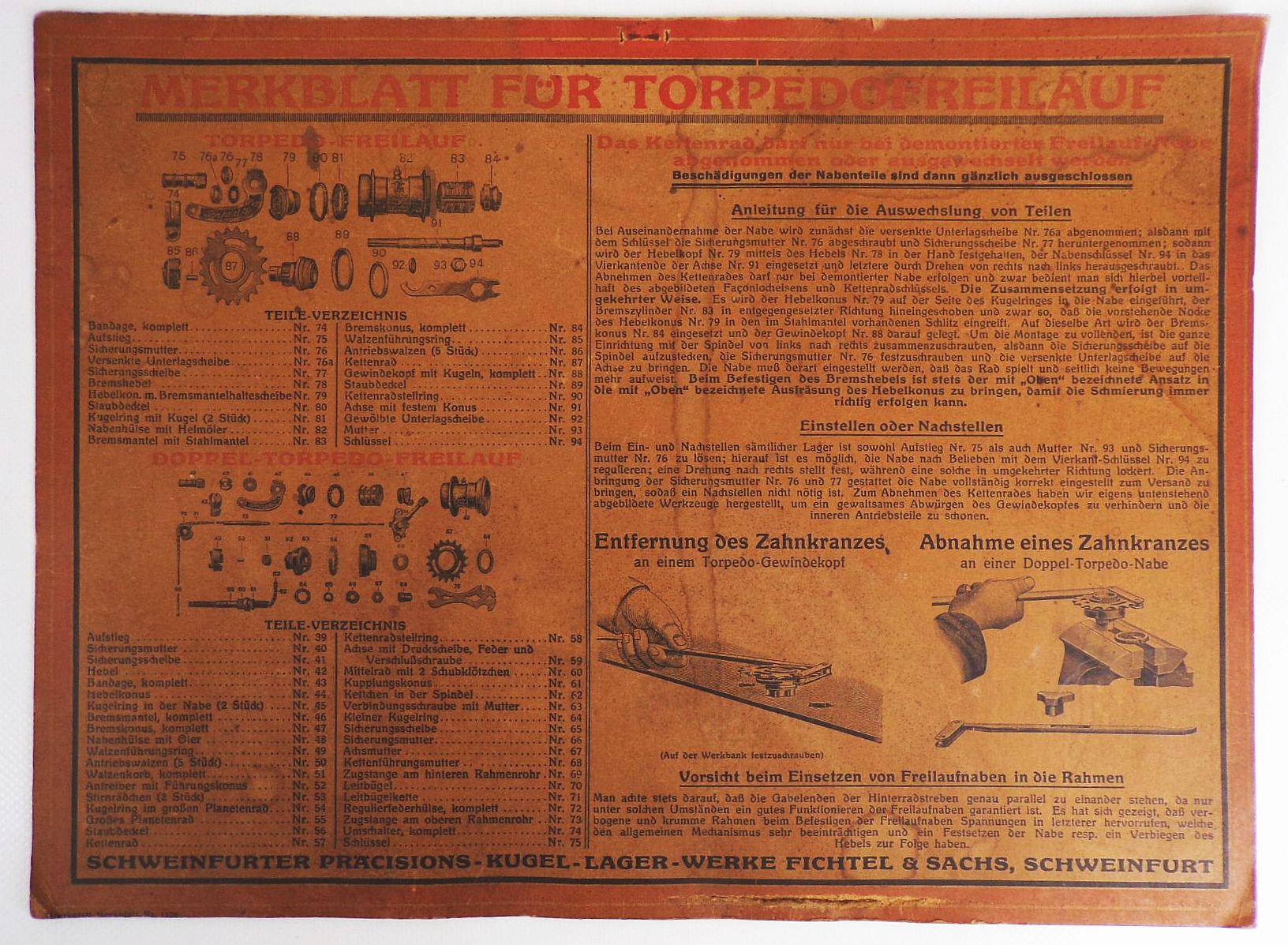 Merkblatt für Torpedofreilauf Fichtel und Sachs Schweinfurt Deko Merkblatt für Torpedofreilauf Fichtel und Sachs Schweinfurt Deko