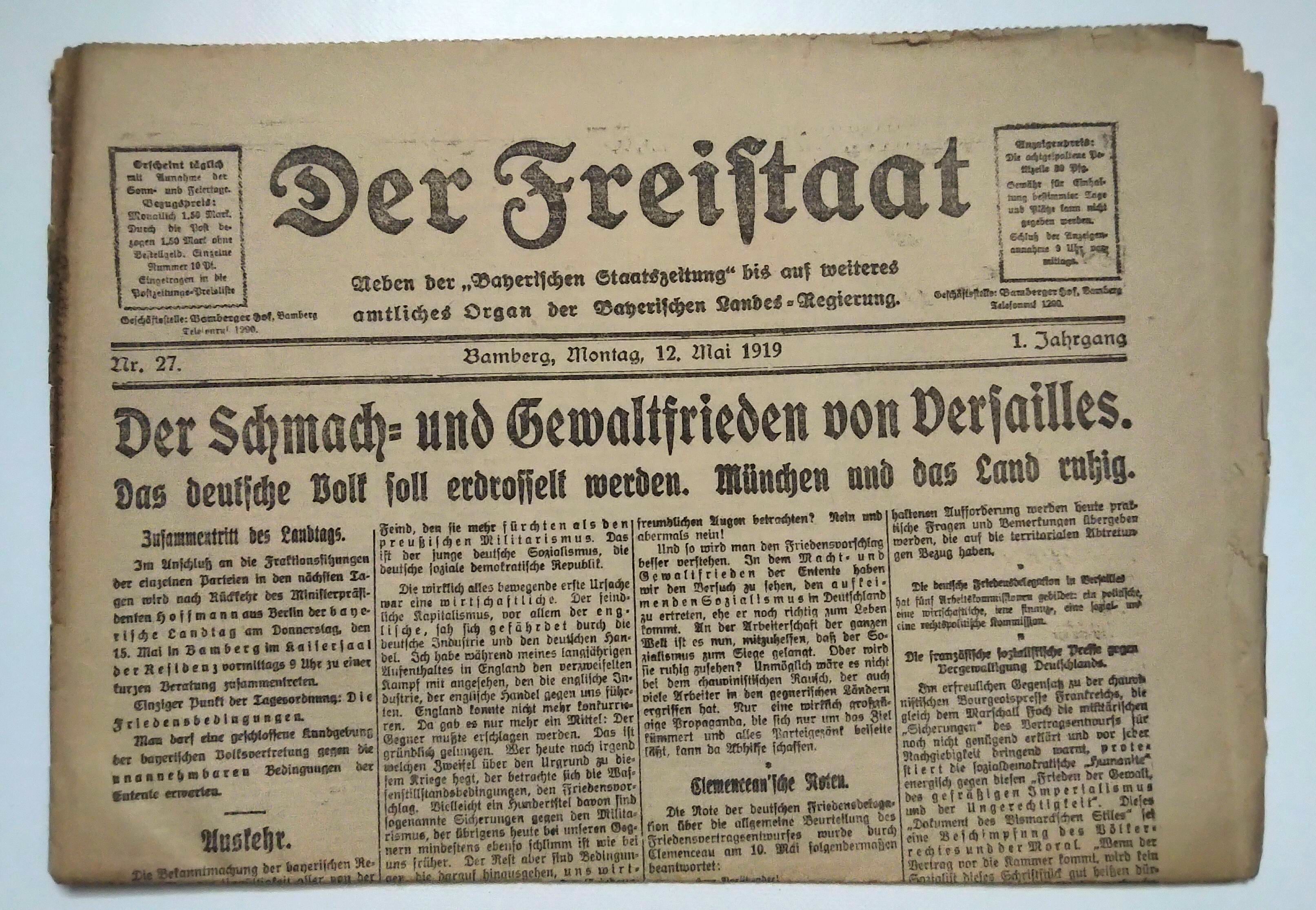 Der Freistaat 1919 Nr 27 alte Zeitung Gewaltfrieden von Versailles