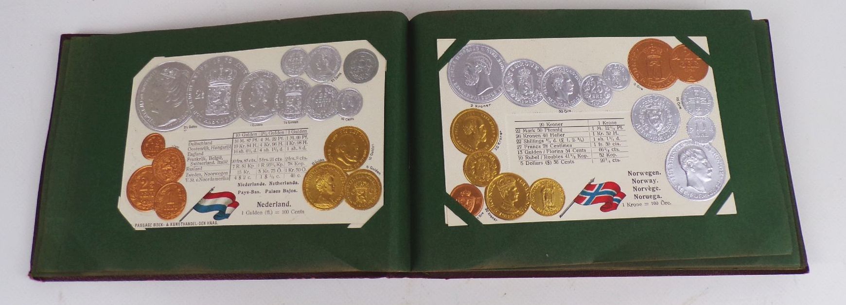 Geldsorten aller Länder Postkartenalbum Geld Münz Ansichtskarten um 1910 Rarität 45 Präge Ansichtskarten