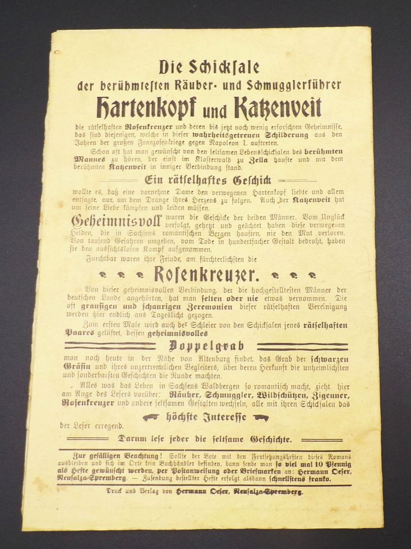 Romanheft Hartenkopf und Katzenveit berühmte Räuber Wildschützen um 1900