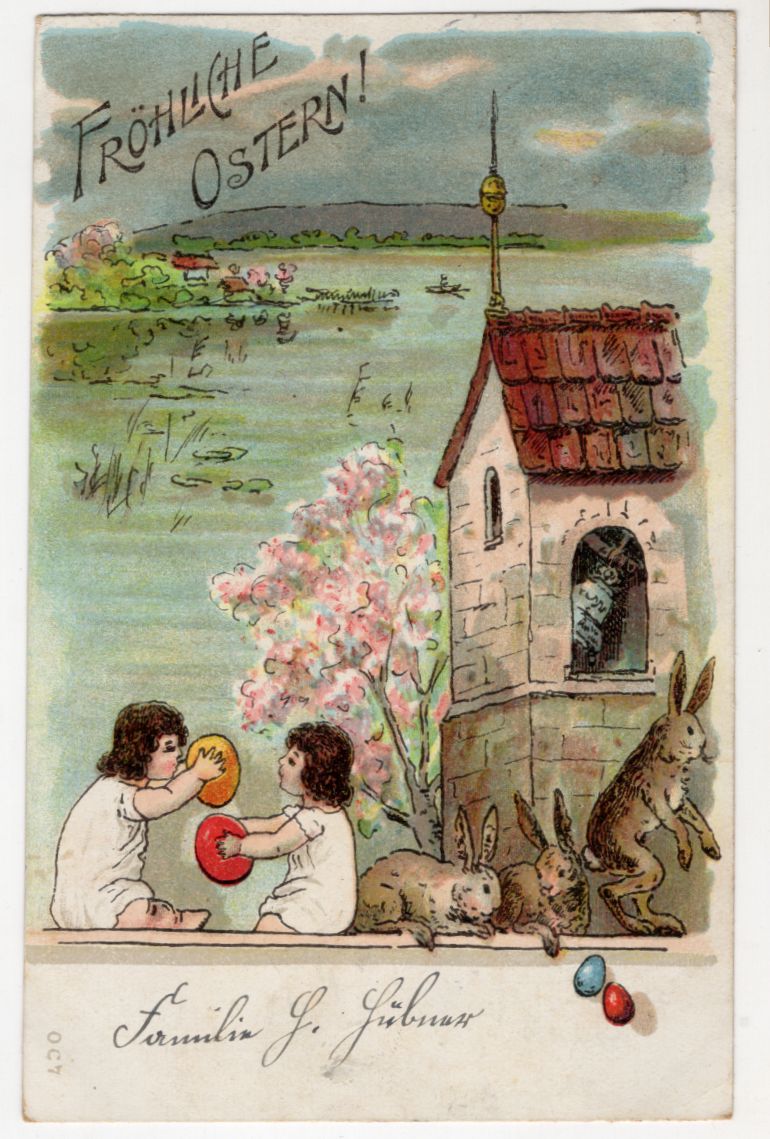 Litho Ak Kinder mit Hasen und Ostereiern Fröhliche Ostern