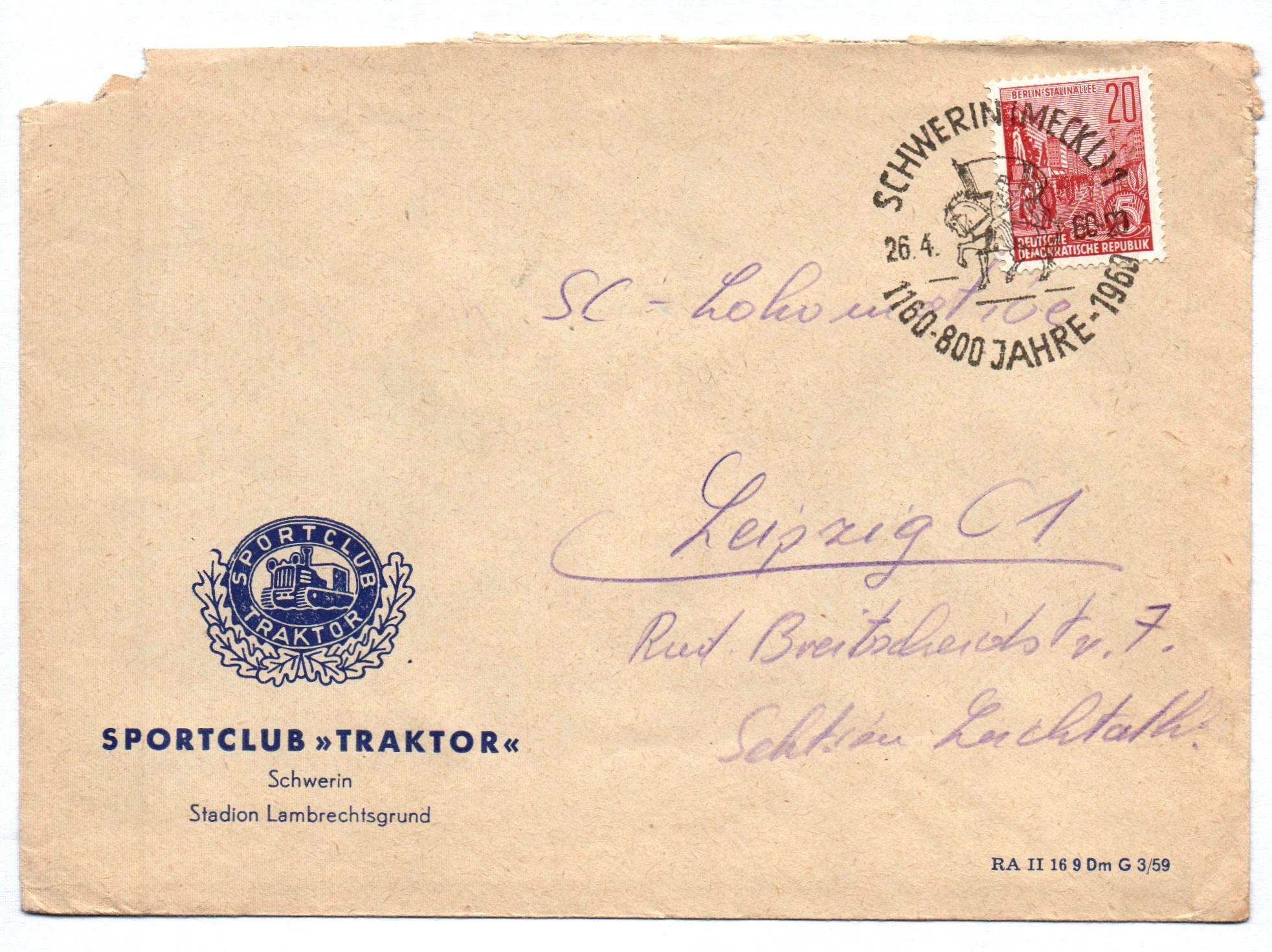 Brief Sportclub Traktor Schwerin Stadion Lambrechtsgrund 1960 Brief Sportclub Traktor Schwerin Stadion Lambrechtsgrund 1960
