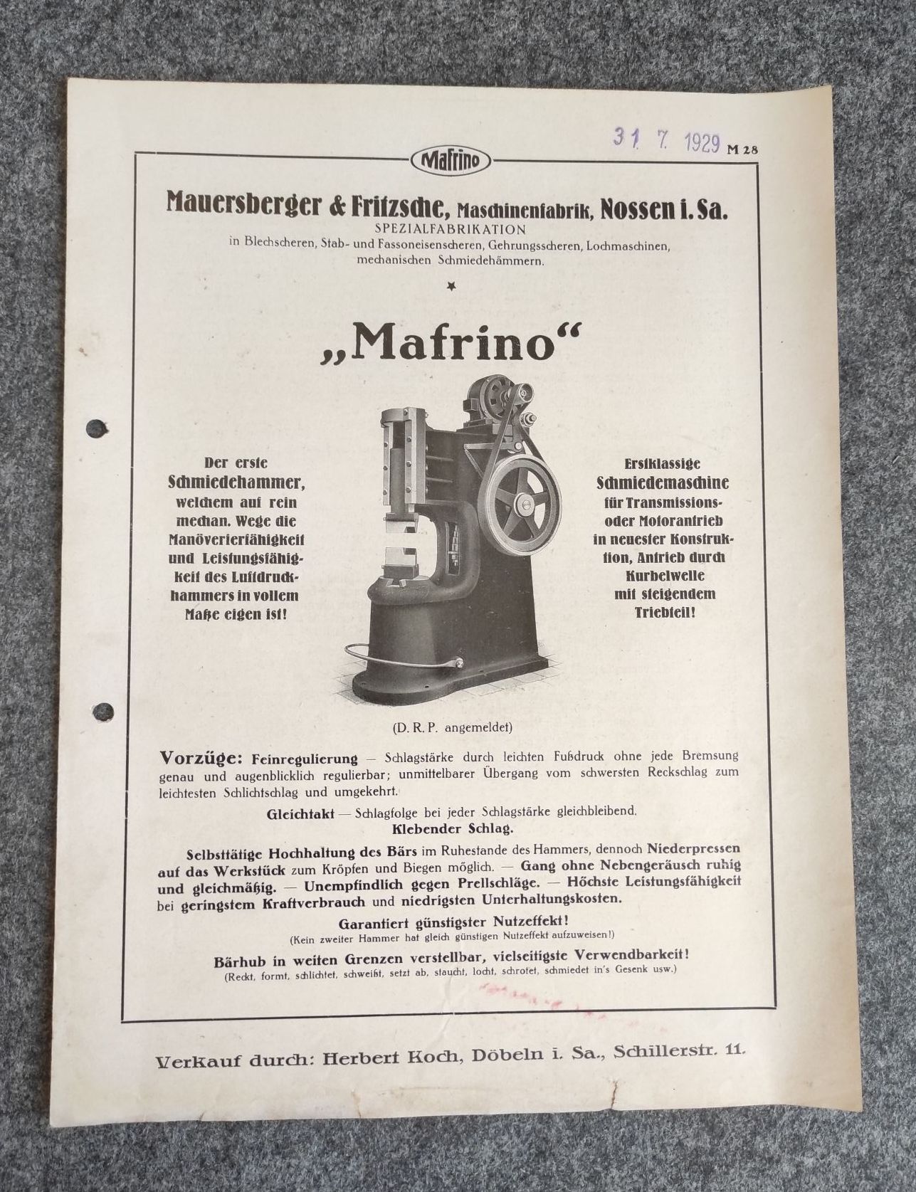 Mauersberger und Fritzsche Maschinenfabrik Nossen Prospekt Mafrino 1929 Mauersberger und Fritzsche Maschinenfabrik Nossen Prospekt Mafrino 1929