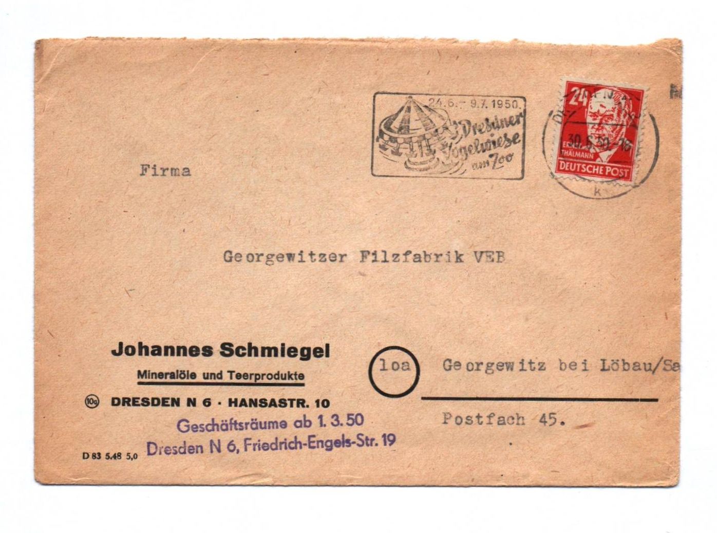 Brief Johannes Schmiegel Mineralöle Teerprodukte Dresden 1950 Brief Johannes Schmiegel Mineralöle Teerprodukte Dresden 1950