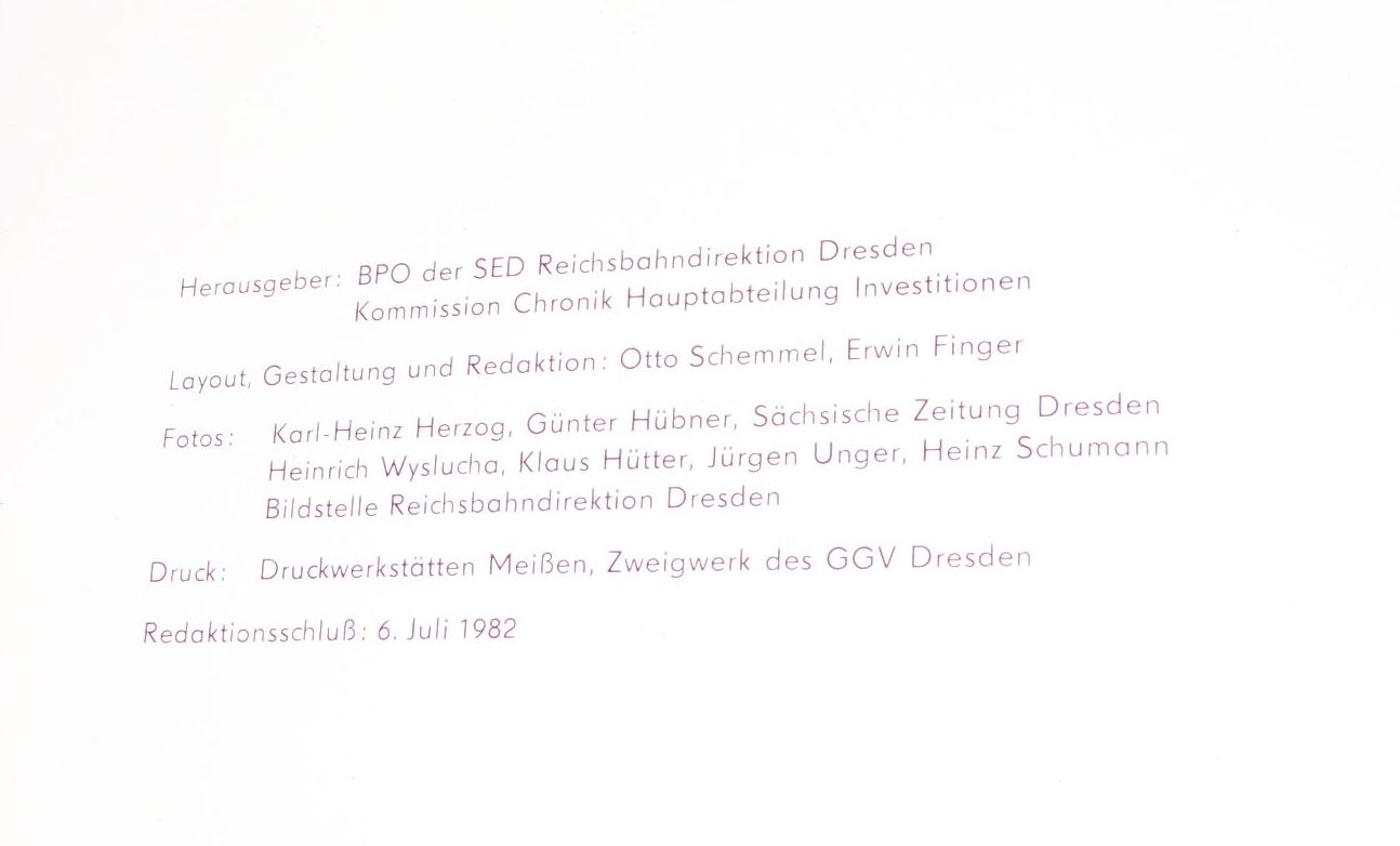 Reichsbahn Direktion Dresden 10 Jahre Hauptabteilung Investitionen 1982
