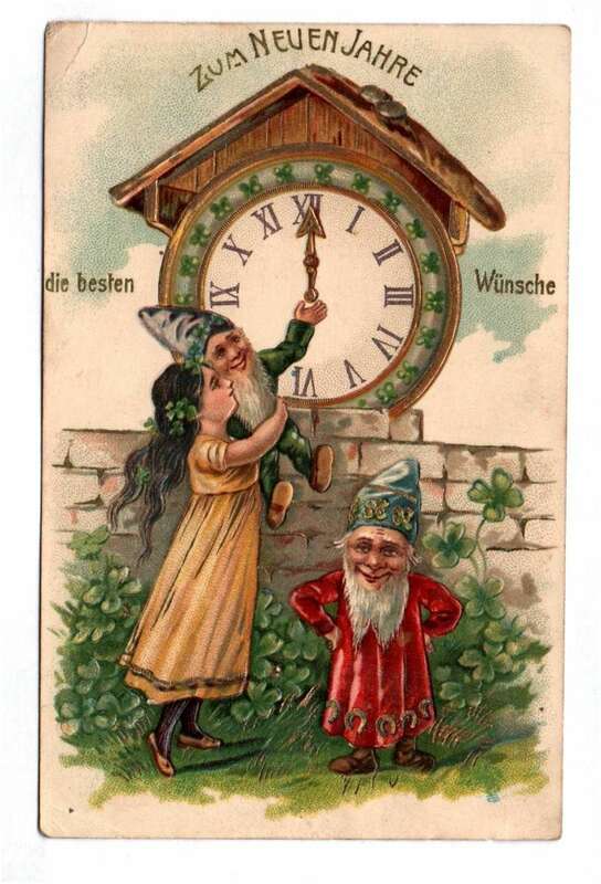 Präge Ak Zwerge und Mädchen stellen Uhr 1906 Neujahr