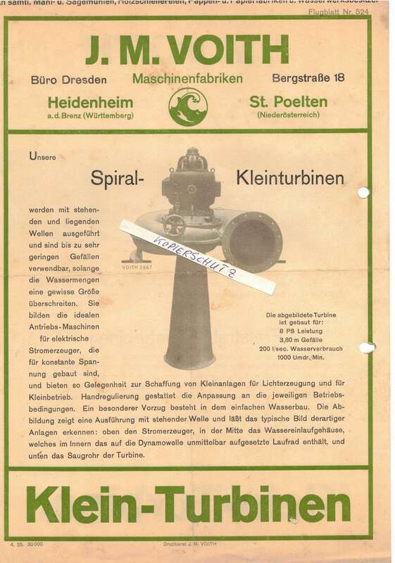 Werbeblatt J.M. Voith Maschinenfabrik Heidenheim St.Poelten 1925 Turbine