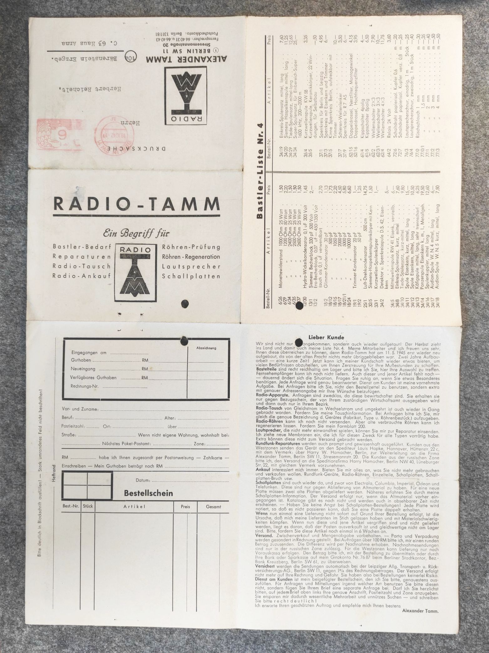 Radio Tamm Preisliste Nr 4 Bestellschein 1947 Berlin Radio Tamm Preisliste Nr 4 Bestellschein 1947 Berlin