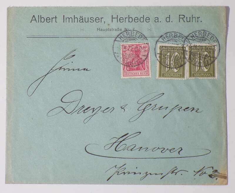 Brief Albert Imhäuser Herbede an der Ruhr 1921 Mischfrankatur Germania