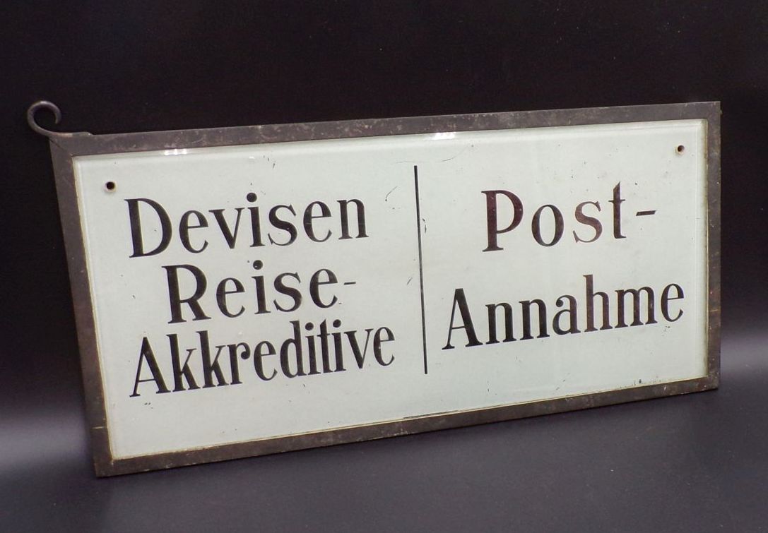 Altes Hotel Glasschild Postannahme Devisen Reise Akkreditive Requisit Deko