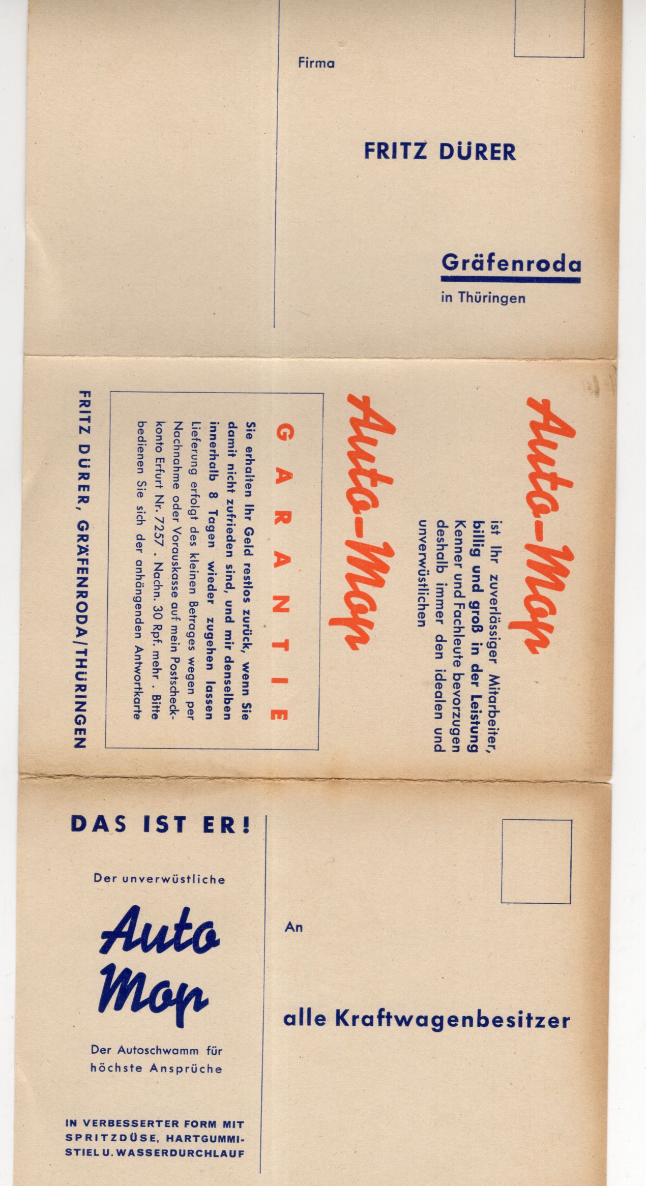 Prospekt Auto Mop Autoschwamm Fritz Dürer Gräfenroda 1930er 