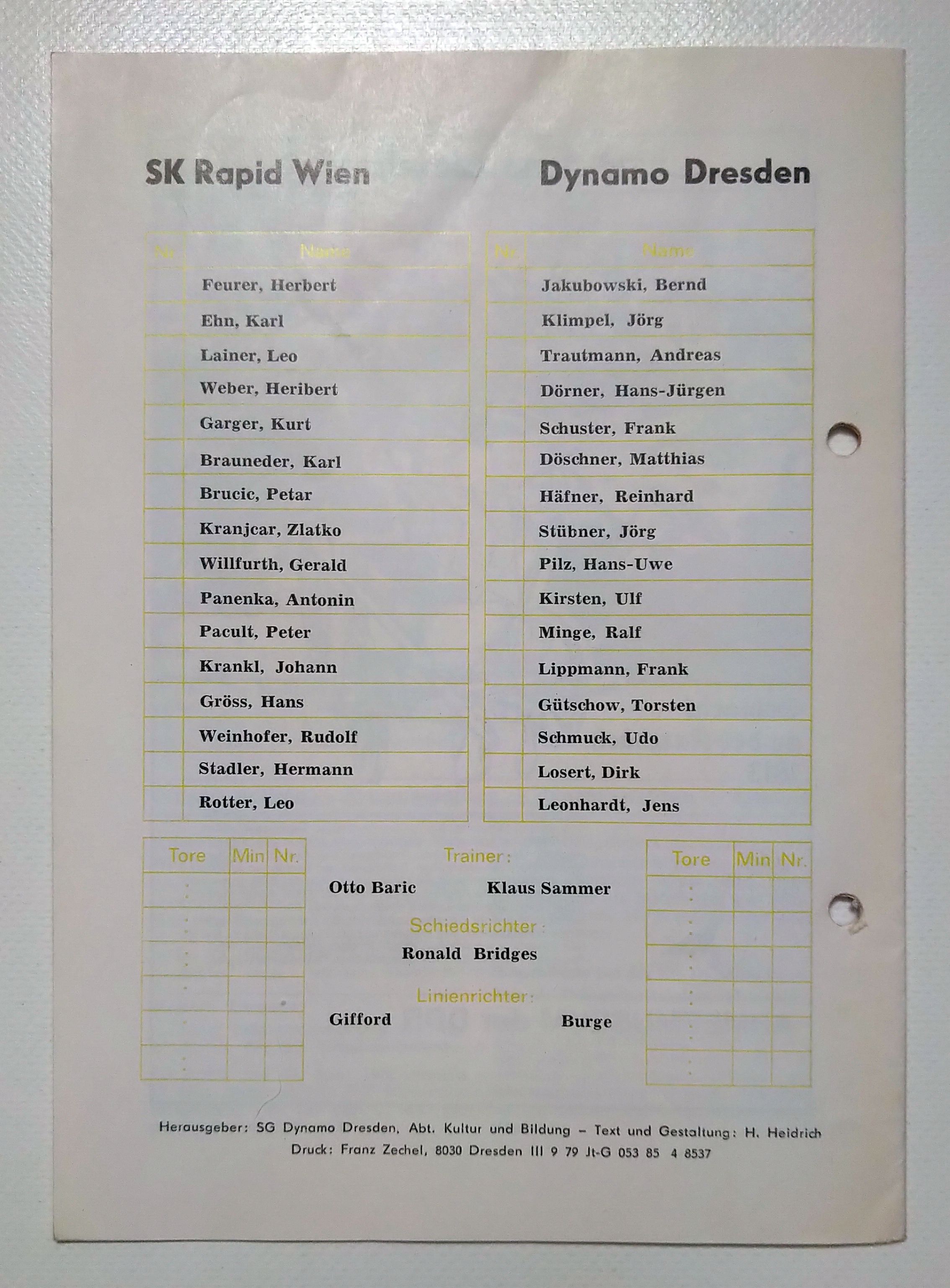 Fußball Programmheft SK Rapid Wien gegen Dynamo Dresden 1985