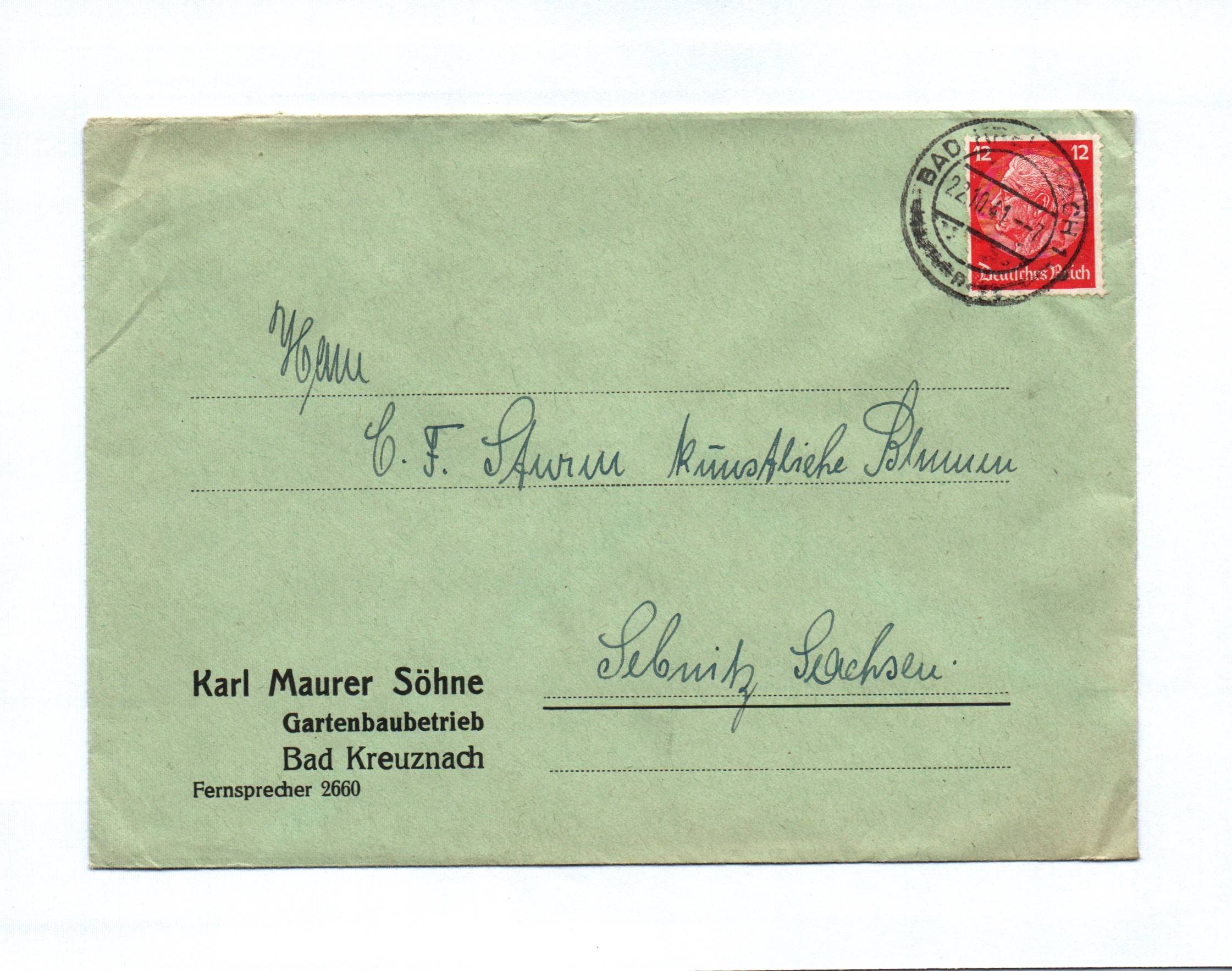 Brief Karl Maurer Söhne Gartenbaubetrieb Bad Kreuznach 1941 Brief Karl Maurer Söhne Gartenbaubetrieb Bad Kreuznach 1941