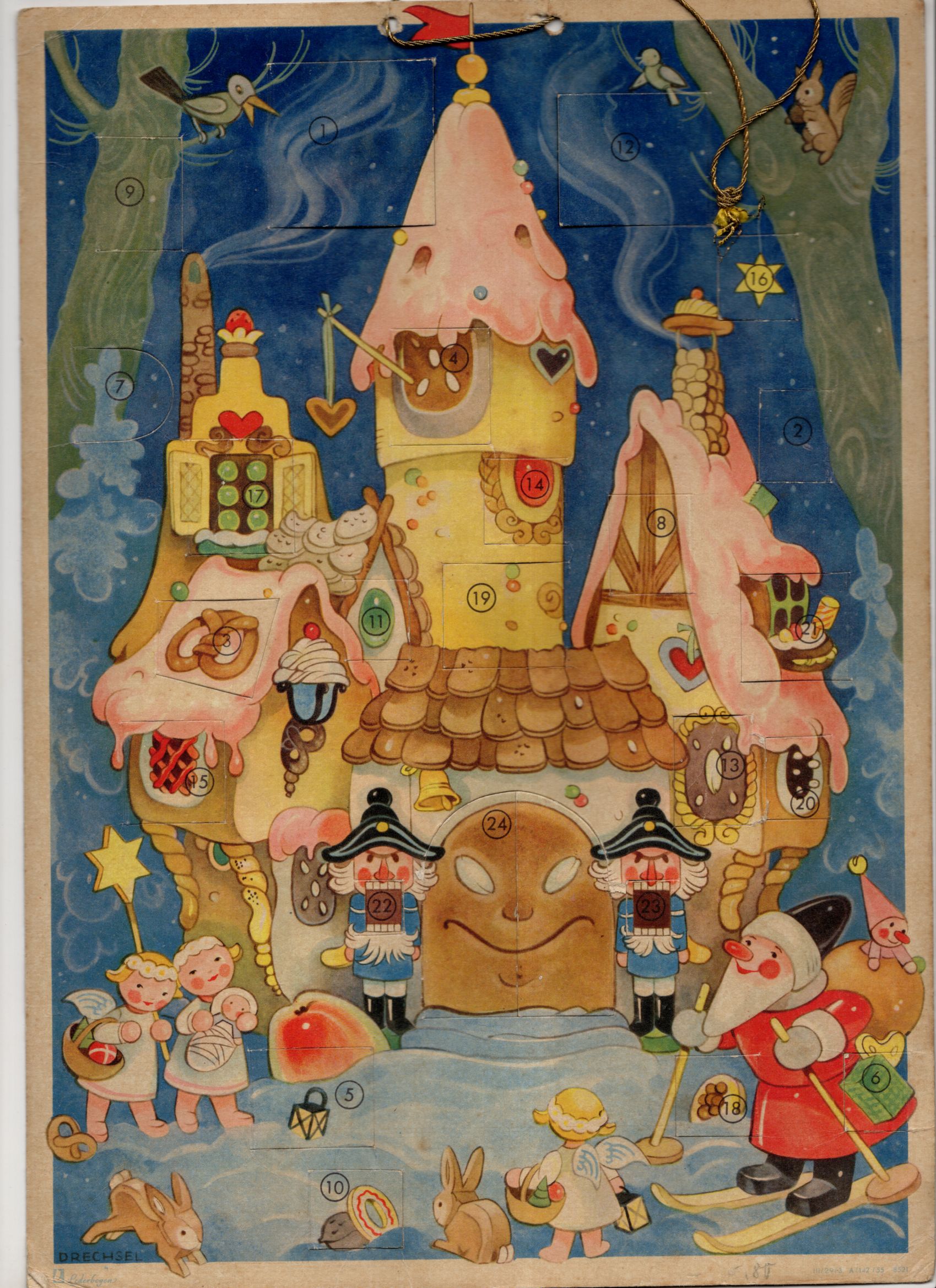 Alter Adventskalender Marianne Drechsel 1955 Engel Zuckerschloss Lebkuchen