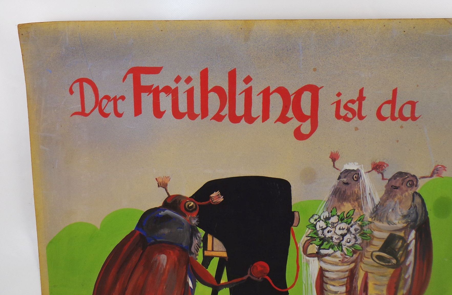 Altes Pappschild Fotograf Reklame vermenschlichte Maikäfer Handgemalt 