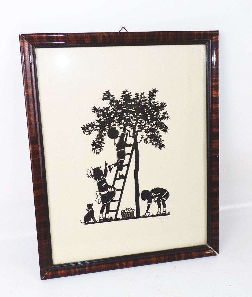 Alter Scherenschnitt Kaskeline signiert Kinder Apfelbaum 1930er Bilderrahmen
