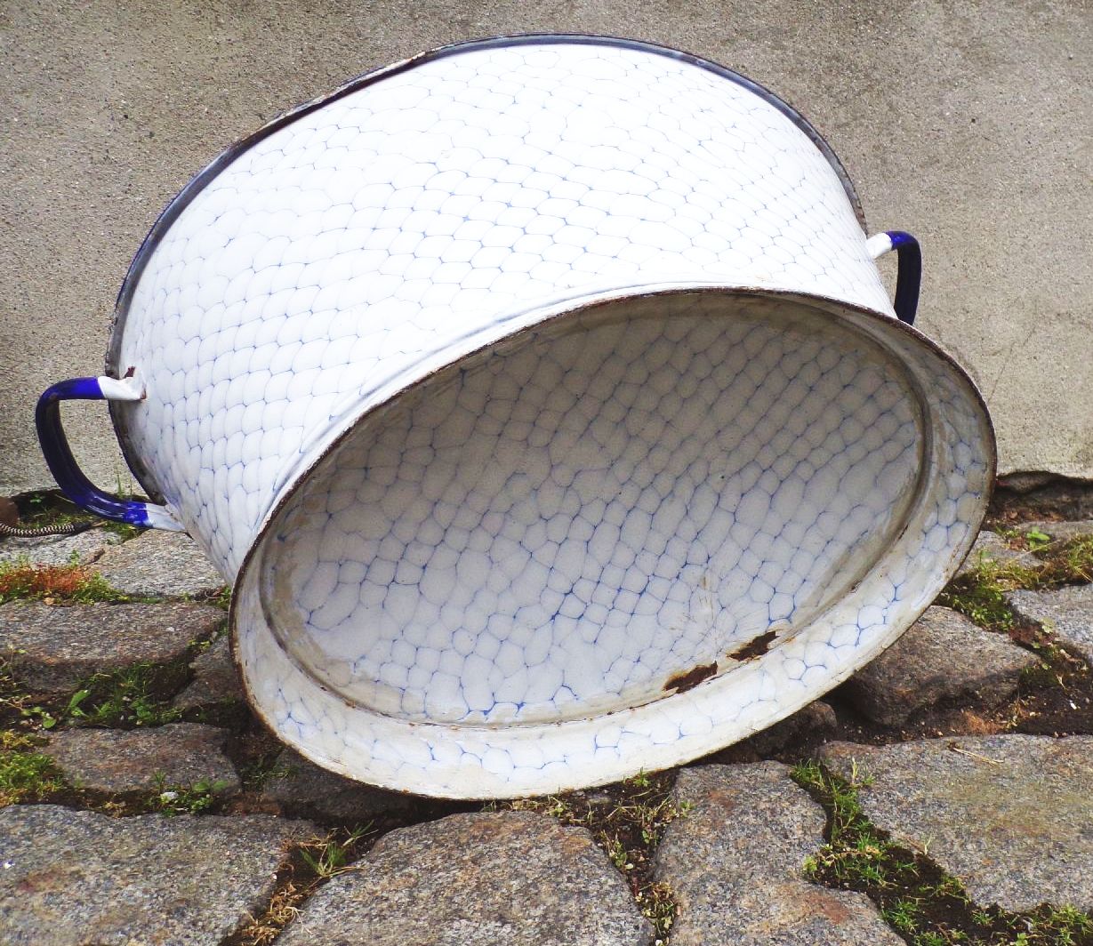 Alte Email Wanne Wabenmuster Netzdekor Blau Weiß Behälter Pfanzgefäß Alte Email Wanne Wabenmuster Netzdekor Blau Weiß Behälter Pfanzgefäß