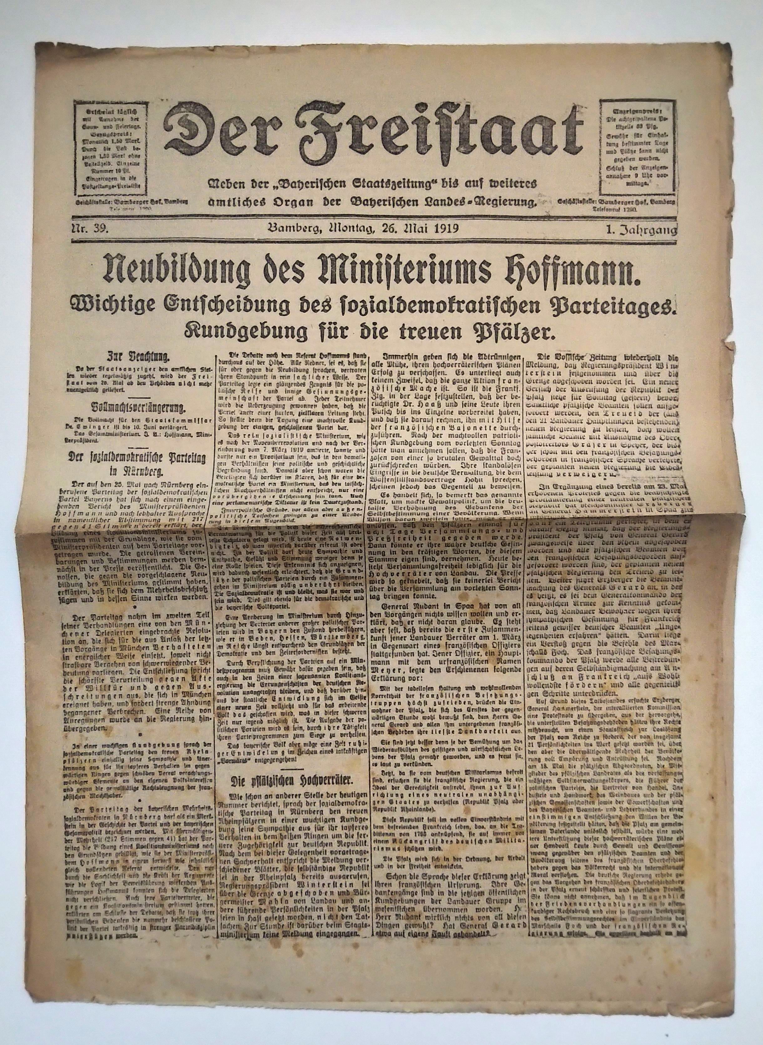 Der Freistaat 1919 Nr 39 Die pfälzischen Hochverräter alte Zeitung