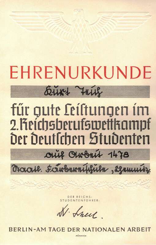 Ehrenurkunde Färberei Schule Chemnitz um 1935 