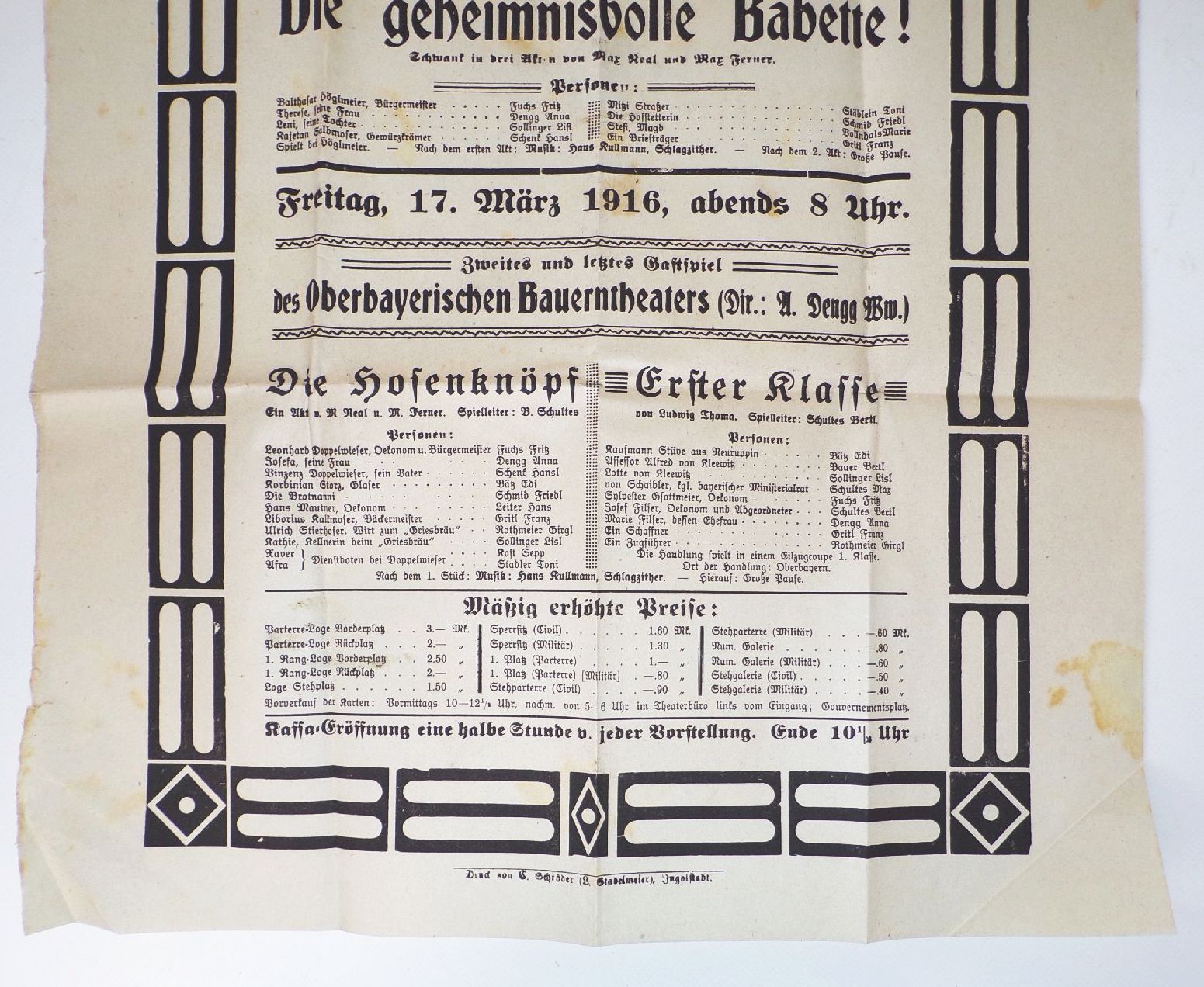Altes Theater Plakat Ingolstadt Stadttheater Direktion Hans Robert 1916 Aushang Altes Theater Plakat Ingolstadt Stadttheater Direktion Hans Robert 1916 Aushang