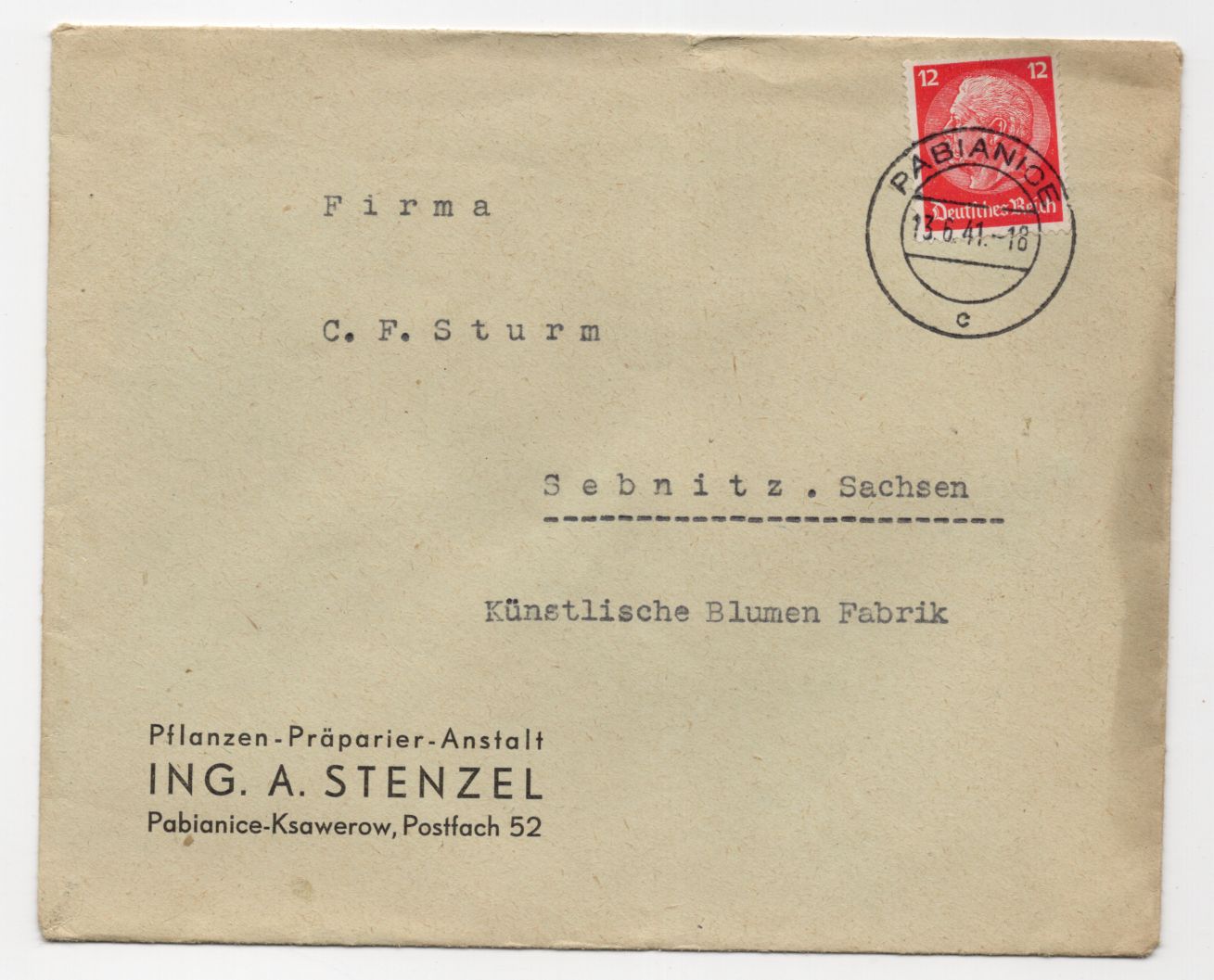 Brief 1941 Pabianice Ksawerow Pflanzen Präparier Anstalt 