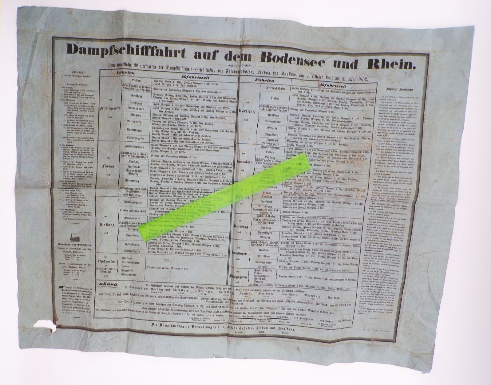 Alter Fahrplan Dampfschifffahrt aus den Bodensee und Rhein 1852 Alter Fahrplan Dampfschifffahrt aus den Bodensee und Rhein 1852